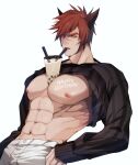  1boy abs animal_ears bangs bara bare_pectorals black_shirt brown_eyes brown_hair bubble_tea bubble_tea_challenge clothes_lift cup disposable_cup drinking drinking_straw drinking_straw_in_mouth happy_birthday highres large_pectorals league_of_legends male_focus meme muscular muscular_male navel nipples object_on_pectorals pants pectorals ryub scar scar_on_face scar_on_nose sett_(league_of_legends) shirt shirt_lift short_hair solo white_pants 