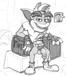  2022 absurd_res activision anthro balls bandicoot clothing coco_bandicoot crash_bandicoot crash_bandicoot_(series) crate female footwear genitals gloves greyscale handwear hi_res male mammal marsupial monochrome open_mouth penis pubes shirt shoes sneakers solo teeth tongue topwear video_games wugi 