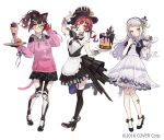  2016 3girls adjusting_eyewear akakura animal_ears arm_up asymmetrical_legwear bangs black_footwear black_skirt brown_hair cake clenched_teeth closed_mouth company_name copyright drawstring dress food full_body garter_straps glasses hand_up hat heterochromia holding holding_spoon holding_tray hololive houshou_marine ice_cream long_hair long_sleeves looking_at_viewer low_twintails multiple_girls murasaki_shion official_art open_mouth pink_sweater pleated_skirt ponytail red_eyes red_hair roboco-san see-through see-through_dress simple_background skirt sleeves_past_wrists smile spoon sweater tail teeth thighhighs top_hat tray twintails virtual_youtuber white_background white_hair yellow_eyes 