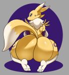  anthro bandai_namco big_breasts big_butt black_sclera blue_eyes bodily_fluids breasts butt canid canine cherryfox73 clothing digimon digimon_(species) female fur genitals huge_butt looking_at_viewer mammal nude renamon simple_background solo white_body white_fur yellow_body yellow_fur 
