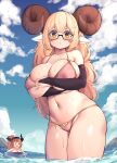  2girls animal_ears bikini blonde_hair blue_sky blush breasts bridal_gauntlets cloud collarbone day glasses greenopi highres horns huge_breasts long_hair looking_at_viewer multiple_girls navel open_mouth original parted_lips red_hair sheep_ears sheep_horns skindentation sky solo_focus swimsuit wading water wet yellow_eyes 