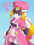  1girl android blonde_hair blue_eyes blush breasts chibi chibi_inset damforts gloves hat long_hair mega_man_(series) mega_man_zx prairie_(mega_man) robot_ears shako_cap simple_background smile solo translated white_gloves 