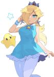  1girl :o aqua_dress blonde_hair blue_eyes breasts brooch crown dress earrings hair_over_one_eye highres jewelry luma_(mario) lzesmelt mario_(series) mario_tennis rosalina star_(symbol) star_brooch star_earrings striped_wristband sweatband white_background white_pantyhose wristband 