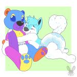  1:1 anthro artist_logo black_inner_ear blue_body blue_diaper blue_ears blue_fur blue_hair blue_tail canid cheek_tuft chest_tuft child diaper embrace eyes_closed facial_tuft fur grey_nose hair happy hi_res hug jaqrabbit_(artist) logo lying male mammal markings on_front plushie side_view smile solo spots spotted_body spotted_fur spotted_markings spotted_tail tail_markings tuft wearing_diaper white_body white_diaper white_fur white_tail young 