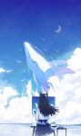  1girl bird black_hair black_skirt blue_sky commentary_request crescent_moon fantasy flying_whale from_behind highres humpback_whale long_hair long_sleeves mige_shijiu moon original outdoors painting_(action) painting_(object) shirt skirt sky whale white_shirt 