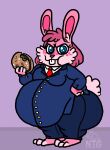 anthro belly big_butt blue_eyes buckteeth burger business_suit butt butt_from_the_front clothed clothing cotton_tail female food freckles fur glare hair hand_on_hip hi_res huge_butt inner_ear_fluff lagomorph leporid looking_at_viewer mammal necktie overweight overweight_anthro overweight_female pink_body pink_fur pink_hair pink_nose rabbit solo suit teeth the_vaporwave_tapir tuft 