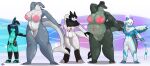  abstract_background absurd_res alligator alligatorid anthro areola azie_(goldenfoxy23) baleen_whale balls belly big_areola big_breasts black_body black_fur black_hair black_horn black_markings black_sclera blue_belly blue_body blue_fur blue_hair blue_whale blush breasts cetacean chloe_(stryfe) clothing countershading crocodilian dancing domestic_cat eel_(artist) felid feline felis female fur genitals green_body green_scales group gynomorph hair hand_behind_head hat hat_only headgear headgear_only headwear headwear_only hi_res horn intersex inverted_nipples lagomorph leporid linda_(eel) male mammal marine markings monica_monroe mostly_nude navel nikita_(goldenfoxy23) nipples nude penis pink_areola pink_nipples pose pussy rabbit reptile scales scalie smile tail_tuft teeth thick_thighs tuft white_body wickerbeast wide_hips 