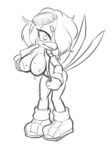  anthro beak bodily_fluids breasts clothed clothing eyeshadow eyewear fan_character feathers female flashing gloved_hands gloves goggles hair hair_over_eye handwear is_(artist) looking_at_viewer makeup monochrome nipples one_eye_obstructed open_mouth partially_clothed sega sketch skye_the_bluebird solo sonic_the_hedgehog_(series) sweat tail_feathers 