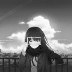 1girl bangs blazer cardigan closed_eyes cloud commentary_request crying greyscale highres jacket long_hair mige_shijiu monochrome neck_ribbon open_clothes open_jacket original outdoors railing ribbon scarf scenery school_uniform sky solo tears upper_body 
