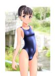  1girl absurdres black_hair black_swimsuit breasts bridge brown_eyes competition_swimsuit contrapposto covered_navel cowboy_shot highleg highleg_swimsuit highres looking_at_viewer one-piece_swimsuit original photo_background ponytail short_hair small_breasts solo stream swimsuit takafumi tan tanlines 