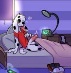  &lt;3 2022 absurd_res alarm_clock anthro balls bed bedroom bottomless canid canine canis clock clothed clothing dalmatian domestic_dog erection fur furniture genitals hi_res humanoid_genitalia humanoid_penis looking_at_viewer male mammal morning_wood on_bed penis pillow red_clothing red_shirt red_topwear shirt smile smiling_at_viewer solo spots spotted_body the_xing1 topwear under_covers white_body white_fur 