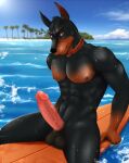  2022 abs anthro athletic athletic_anthro athletic_male balls beach big_penis black_body black_fur black_nose brown_body brown_fur canid canine canis cloud collar collar_only day dobermann domestic_dog erection fur genitals hi_res humanoid_hands klaus_doberman_(character) looking_at_viewer male mammal multicolored_body multicolored_fur navel nipples nude on_surfboard outside pecs penis pink_penis pinscher red_collar sea seaside sitting sitting_on_surfboard smile solo surfboard tipsycanvas tropical two_tone_body two_tone_fur water wet wet_body wet_fur 