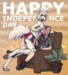  4th_of_july anthro blue_eyes bottomwear bra canid canine canis chair clothed clothing digital_media_(artwork) domestic_dog duo ear_piercing female flag flag_(object) fur furniture hair hi_res human male mammal open_mouth panties patecko piercing plant simple_background skirt tongue tongue_out underwear white_body white_fur 