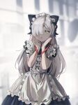  1girl :o animal_ears apron bow cat_ears frilled_hairband frills grey_hair hair_bow hair_over_one_eye hairband highres isekai_joucho kamitsubaki_studio long_hair maid maid_apron maid_headdress multicolored_hair shiraishi_kanoya shouting_with_hands solo streaked_hair very_long_hair virtual_youtuber white_theme 