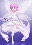  1girl :d absurdres bare_shoulders blush bracelet breasts bride choujigen_game_neptune dress elbow_gloves flan_ling garter_straps gloves highres jewelry necklace neptune_(neptune_series) neptune_(series) open_mouth power_symbol purple_eyes purple_hair small_breasts smile solo sword symbol-shaped_pupils thighhighs weapon wedding_dress white_dress white_gloves white_legwear wings 