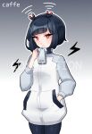  1girl black_hair black_legwear blush caffe0w0 commission english_commentary frown grey_background hand_in_pocket highres jacket jitomi_monoe lightning_bolt_symbol looking_at_viewer magnet pantyhose red_eyes short_hair solo virtual_youtuber voms watermark white_jacket 