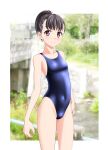  1girl absurdres black_hair black_swimsuit breasts bridge brown_eyes competition_swimsuit contrapposto covered_navel cowboy_shot highleg highleg_swimsuit highres looking_at_viewer one-piece_swimsuit original photo_background ponytail short_hair small_breasts solo stream swimsuit takafumi 