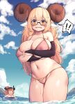  ! !! 2girls animal_ears bikini blonde_hair blue_sky blush breasts bridal_gauntlets cloud collarbone day glasses greenopi highres horns huge_breasts long_hair looking_at_viewer multiple_girls navel open_mouth original red_hair sheep_ears sheep_horns skindentation sky solo_focus spoken_exclamation_mark swimsuit wading water wet yellow_eyes 