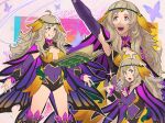  1girl ahoge arm_up asymmetrical_bangs bangs blonde_hair bodystocking book breasts butterfly_wings cape captcarrotcake circlet cleavage covered_navel fire_emblem fire_emblem_fates fire_emblem_heroes floating floating_book floating_object grey_eyes highres long_hair medium_breasts open_mouth ophelia_(fire_emblem) parted_bangs purple_pantyhose teeth turtleneck upper_teeth wings 