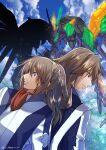  2boys brown_hair cloud highres jacket looking_down male_focus mark_nicht mecha minashiro_soushi minashiro_soushi_(2) multiple_boys ponytail purple_eyes red_scarf robot scarf science_fiction sky soukyuu_no_fafner takayama_dan white_jacket 