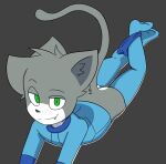  2019 anthro black_nose boxtop butt clothed clothing domestic_cat felid feline felis fur green_eyes grey_body grey_fur legwear leo_(vg_cats) lying male mammal on_front partially_clothed raised_tail smile smirk solo thigh_highs underwear underwear_around_one_leg underwear_down vg_cats webcomic 