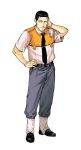  1boy belt black_belt black_eyes black_footwear black_hair black_necktie boots cigarette collared_shirt gotou_kiichi grey_pants hand_on_hip hand_on_own_head highres hiro_(chumo) in_mouth kidou_keisatsu_patlabor male_focus necktie orange_shirt pants shirt solo two-tone_shirt white_background white_shirt 