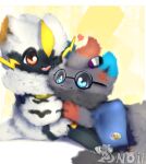  &lt;3 absurd_res ambiguous_gender anthro black_body black_fur blue_eyes blue_sclera duo eyewear fan_character feral fluffy fluffy_tail fur fur_markings glasses grey_body grey_fur hi_res legendary_pok&eacute;mon lgbt_pride mammal markings nintendo nonbinary_(lore) nonbinary_pride_colors open_mouth orange_eyes orange_sclera paws pok&eacute;mon pok&eacute;mon_(species) pride_colors simple_background smile snoiifoxxo tuft video_games white_body white_fur zeraora zorua 