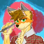  1:1 absurd_res anthro brown_hair canid canine canis clothing colored coyote digital_drawing_(artwork) digital_media_(artwork) ditzz fur green_eyes hair hi_res male mammal multicolored_body multicolored_fur outline pattern_background pattern_clothing pawpads pen plaid plaid_clothing shaded simple_background smile solo unbuttoned_shirt 