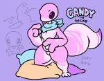  absurd_res anthro beady_eyes big_tail candy_(sleepyslut) dipstick_tail gecko genitals hi_res huge_tail kneeling kneeling_on_one_leg lizard lizard_penis long_tail male markings penis pillow pink_body pink_scales purple_background purple_eyes reptile scales scalie scarf simple_background sleepyslut slightly_chubby solo striped_body striped_markings stripes tail_markings tan_body tan_scales text tongue tongue_out 