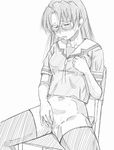  azumanga_daiou bad_id bad_pixiv_id blush bottomless censored chair glasses greyscale jun_(666) long_hair masturbation mizuhara_koyomi monochrome no_panties pussy school_uniform sitting solo thighhighs traditional_media 