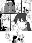  2girls braid comic eyes_closed flying_sweatdrops frown greyscale hakama head_on_back houshou_(kantai_collection) japanese_clothes kantai_collection monochrome multiple_girls open_mouth ponytail single_braid smile translation_request unryuu_(kantai_collection) yoichi_(umagoya) 