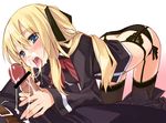  1girl ass bad_id bad_pixiv_id bar_censor black_panties blonde_hair blue_eyes censored cum cum_in_mouth cum_string ejaculation facial fellatio garter_belt hair_ribbon handjob hetero long_hair open_mouth oral panties penis quiz_magic_academy ribbon shalon side-tie_panties thighhighs tongue tongue_out two-handed_handjob underwear ushiki_yoshitaka wet 