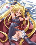  1girl bed blonde_hair blush censored condom cum fate_testarossa hetero long_hair lyrical_nanoha mahou_shoujo_lyrical_nanoha mahou_shoujo_lyrical_nanoha_a's mio_(fastest_lap) one_eye_closed penis pointless_condom ribbon saliva sex skirt solo_focus tears thighhighs twintails vaginal wet 