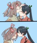  2girls black_hair comic eyes_closed hachimaki hakama hand_on_another&#039;s_head headband high_ponytail houshou_(kantai_collection) japanese_clothes kantai_collection light_brown_hair multiple_girls open_mouth ponytail remodel_(kantai_collection) smile yoichi_(umagoya) zuihou_(kantai_collection) 