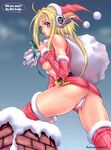  belt blonde_hair blue_eyes breasts chimney christmas copyright_request detached_sleeves hat headphones highres large_breasts long_hair nas-o panties santa_costume santa_hat snow solo thighhighs underboob underwear upskirt 