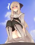  1girl anus ass blonde_hair blue_eyes blush boots cloud cyril day goban knee_boots long_hair no_panties pussy shining_(series) shining_force_exa sky solo squatting surprised thighhighs trembling 