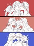  3girls akagi_(kantai_collection) cheek_kiss comic eyes_closed head_kiss heart height_difference houshou_(kantai_collection) japanese_clothes kaga_(kantai_collection) kantai_collection kiss limited_palette multiple_girls ponytail side_ponytail smile yoichi_(umagoya) 