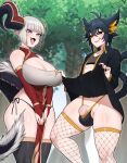  1boy 1girl :3 :d androgynous animal_ears bangs black_eyes black_hair black_sclera blunt_bangs breasts cat_boy cat_ears cat_tail cleavage clothes_lift colored_sclera commission fangs fishnet_legwear fishnets flaccid forest grey_hair highres horns in_(ain) large_breasts licking_lips nature open_mouth original otoko_no_ko pointy_ears purple_eyes revealing_clothes skindentation skirt skirt_lift smile tail thick_thighs thighhighs thighs thong tongue tongue_out tree 
