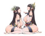  2girls absurdres ass bare_shoulders black_hair blush breasts elbow_gloves gloves hair_ornament highres hinoa lamsass minoto monster_hunter_(series) monster_hunter_rise multiple_girls pointy_ears revealing_clothes sash siblings sideboob sisters sitting stirrup_legwear thighhighs toeless_legwear tongue tongue_out wariza white_gloves white_legwear 