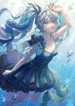  1girl :o air_bubble arm_at_side arm_up bangs barefoot black_dress blue_eyes blue_hair blue_theme breasts bubble cleavage collarbone curly_hair dress eyebrows_behind_hair foot_out_of_frame hair_between_eyes hair_tie hatsune_miku highres layered_dress light_rays long_hair looking_up medium_breasts open_mouth shading_eyes shoal sleeveless sleeveless_dress solo sunlight tamaki_(tamaki599) twintails underwater very_long_hair vocaloid 