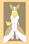  2022 absurd_res crotch_tuft female genitals green_eyes hands_behind_back hi_res kneeling navel nintendo nipples nude pok&eacute;mon pok&eacute;mon_(species) pussy solo tan_body the_man tuft video_games white_body yamper yellow_eyelids yellow_nose 