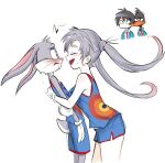  2boys 2girls animal_ears basketball_uniform bird blush bugs_bunny cursedpairing daffy_duck dual_persona duck genderswap genderswap_(mtf) gloves himuhino hug humanization long_hair looney_tunes multiple_boys multiple_girls rabbit rabbit_ears rabbit_tail short_hair shorts space_jam:_a_new_legacy sportswear tail twintails white_background white_gloves 