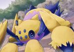  animal_focus bug commentary_request day galvantula highres looking_at_viewer no_humans outdoors pokemon pokemon_(creature) rock signature solo spider tanpakuroom yellow_fur 