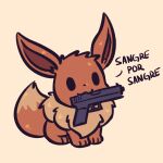  :3 advos animal_focus eevee english_commentary full_body glock_17 gun handgun highres mouth_hold no_humans pokemon pokemon_(creature) simple_background solid_oval_eyes spanish_text tan_background weapon 