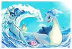  afloat alolan_raichu bird border cloud commentary corsola day highres lapras no_humans ocean okowa_0141 open_mouth outdoors palm_tree pokemon pokemon_(creature) sky smile tongue tree vaporeon water water_drop watermark white_border wingull 