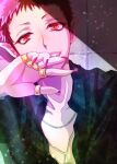  1boy andro_m._jazz black_hair black_shirt earrings fangs highres ichika392 jewelry mairimashita!_iruma-kun male_focus necklace open_clothes open_mouth open_shirt pointy_ears red_eyes red_nails ring shirt short_hair solo stud_earrings upper_body 