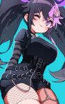  1girl ;) aqua_background bangs belt black_hair blush breasts copyright_request dress gothic highres large_breasts long_hair multicolored_hair ogu_(oguogu0523) one_eye_closed parted_lips purple_eyes purple_hair smile solo striped_sleeves tagme twintails two-tone_hair virtual_youtuber 