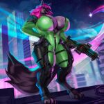  absurd_res anthro big_breasts breasts bremonqueen_(artist) canid canine canis clothed clothing female gun hand_on_hip hi_res holding_gun holding_object holding_weapon huge_breasts mammal ranged_weapon segway_(segwayrulz) solo weapon wolf 
