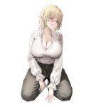  1girl absurdres angry bangs black_pants blue_eyes breasts cleavage collared_shirt elf feet high-waist_pants highres kneeling large_breasts lillly looking_away original pants pointy_ears scowl shirt short_hair solo solo_focus white_background white_hair white_shirt 