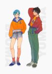  1boy 1girl absurdres black_eyes black_hair blue_eyes blue_hair bulma character_name dragon_ball drawstring full_body green_pants highres hood hood_down jacket looking_at_another nachos_(chos_na) orange_shirt pants red_jacket shirt short_hair simple_background yamcha 